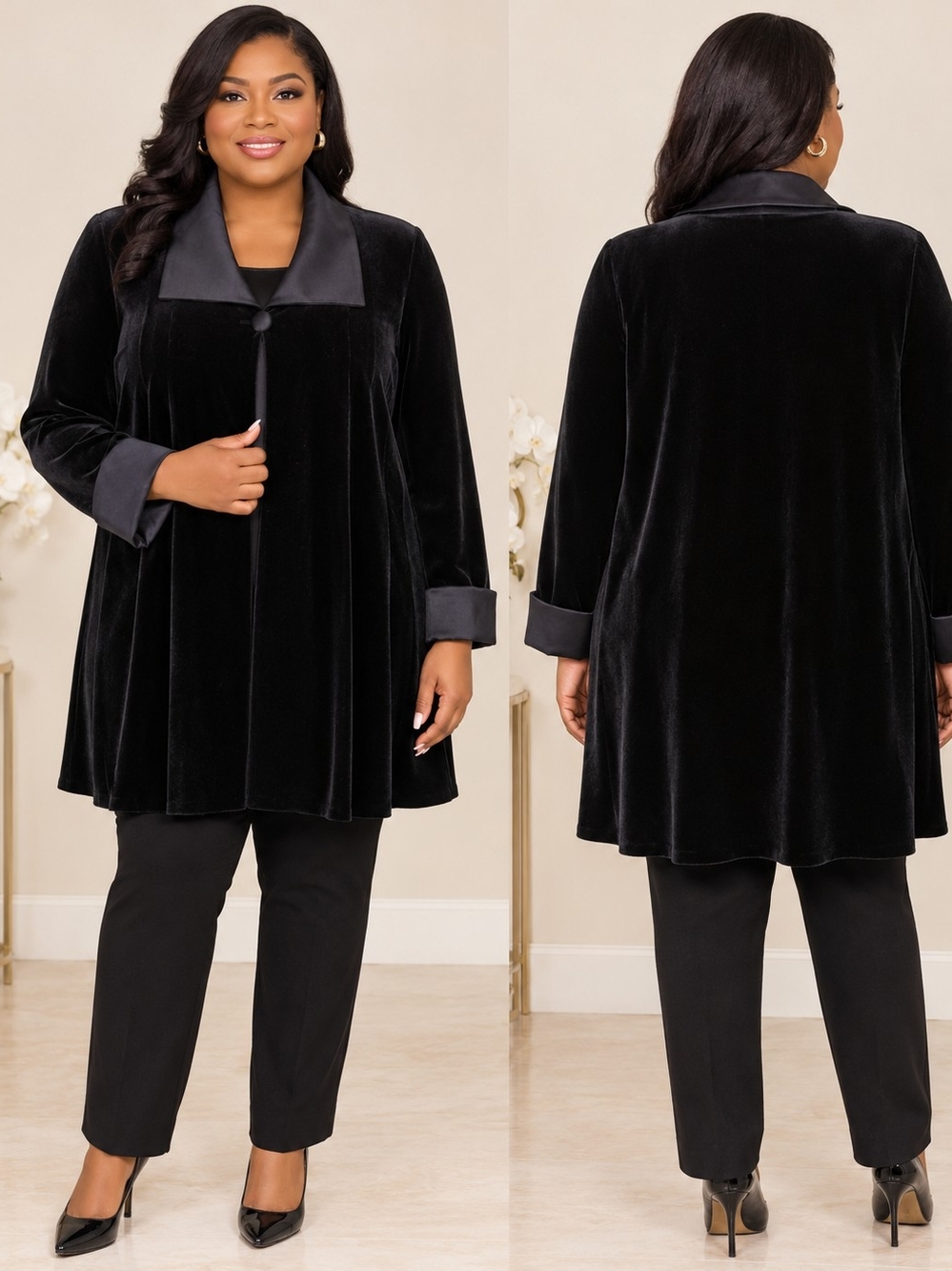 Alex Evenings Black Velvet Long Sleep Jacket with Satin Trim